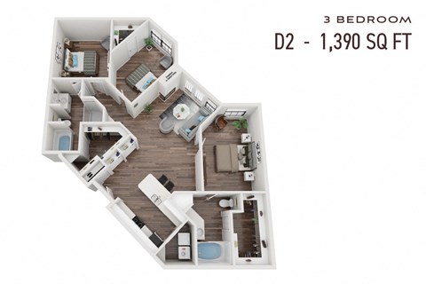 Floor plan for 3 beds, 2 baths, 1390 sqft